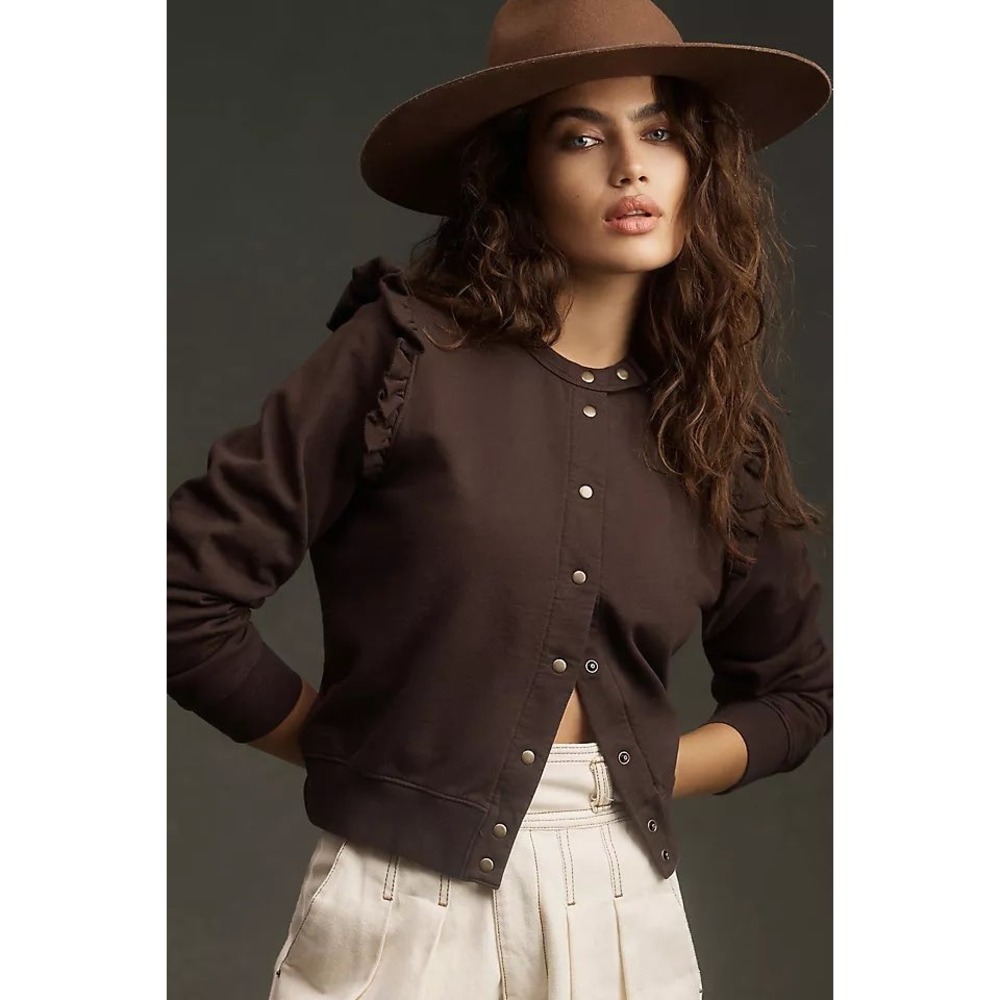 Clare V Le Snap Ruffled Cardigan Size XS Brown Cotton Sweatshirt Cute Chic Comfy